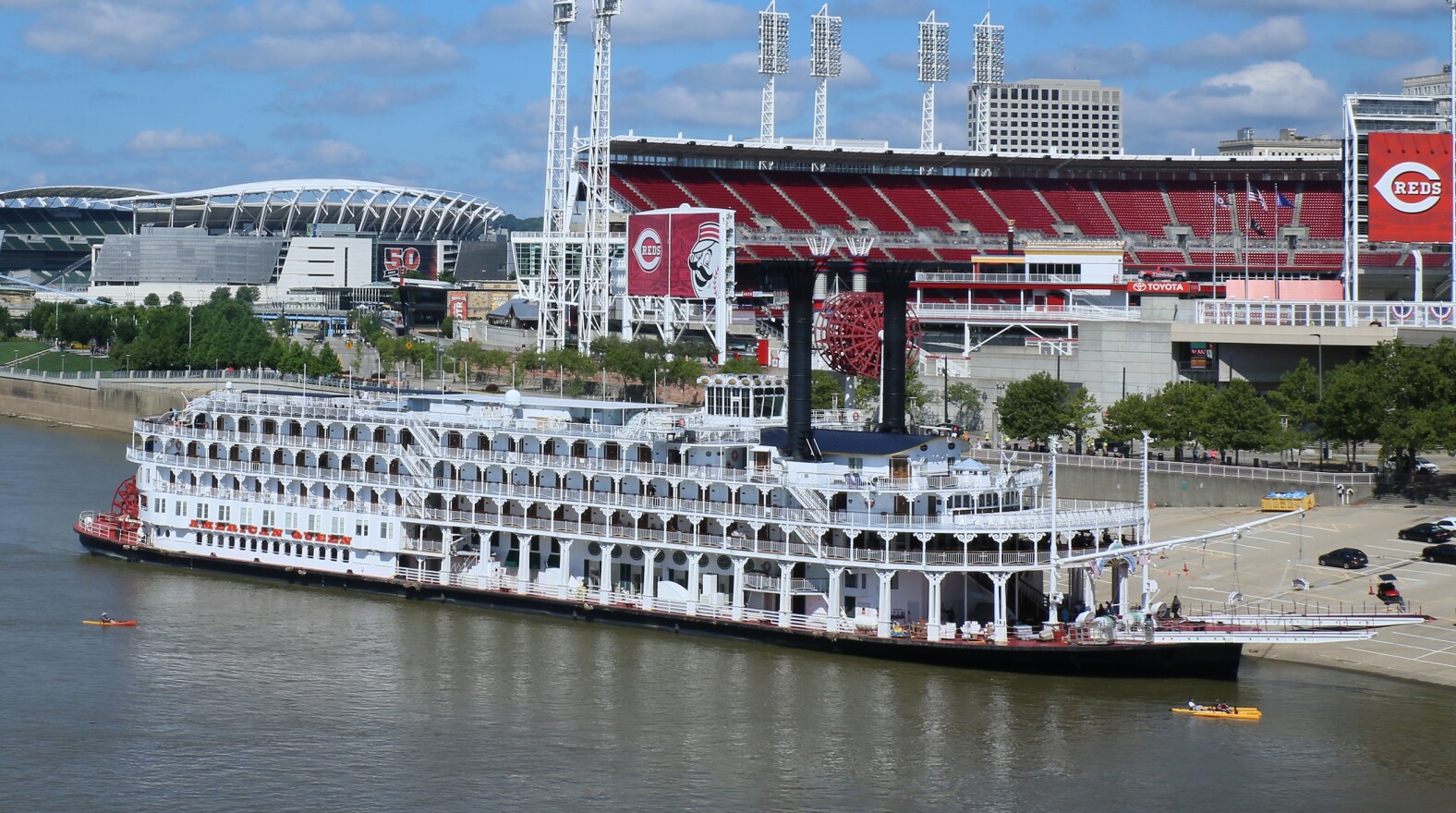 The American Queen docked at Cincinnati's Public Landing in a previous visit.